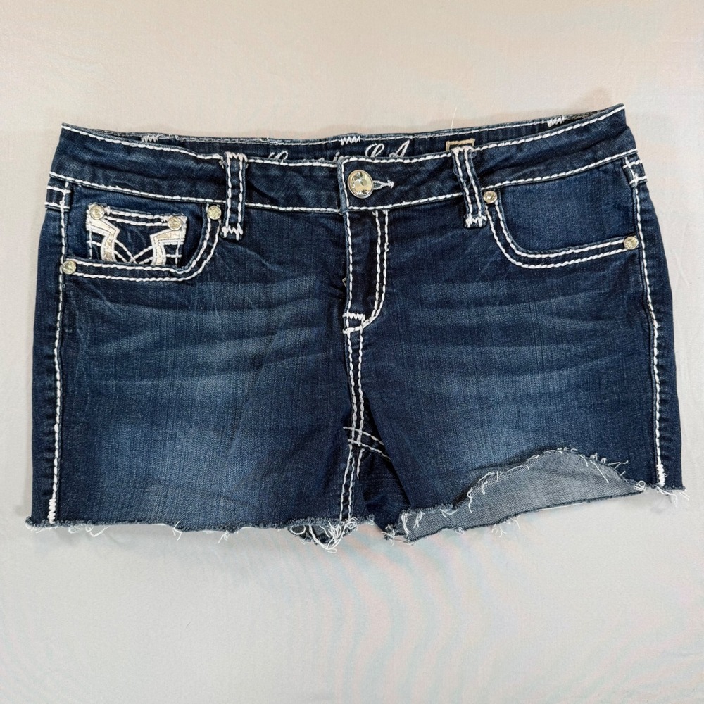 Grace in LA Womens Denim Shorts Dark Wash Thick Stitch Crystal Size 31 Cut Off